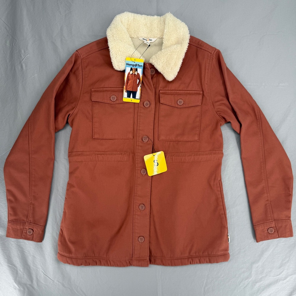 Hang Ten Womens Copper Fleece Lined Utility Jacket Plush Collar Small NEW
